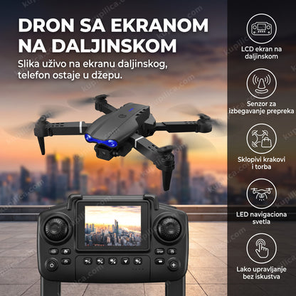 Crni dron sa ekranom na daljinskom upravljaču na krovu u sumrak, benefiti proizvoda
