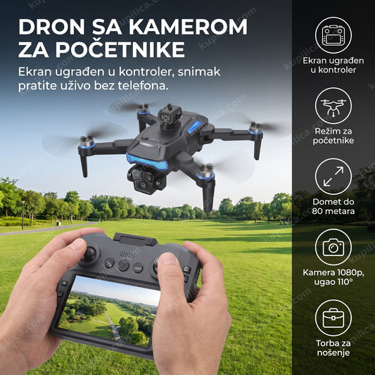 Dron sa kamerom leti nad poljem, kontroler sa ekranom prikazuje pejzaž, benefiti proizvoda
