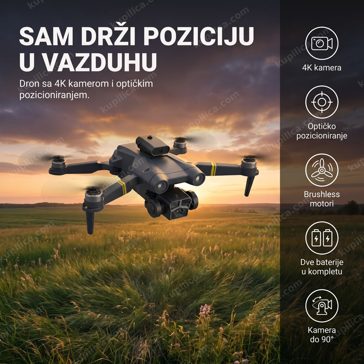 Dron sa 4K kamerom leti nad livadom u suton, benefiti proizvoda