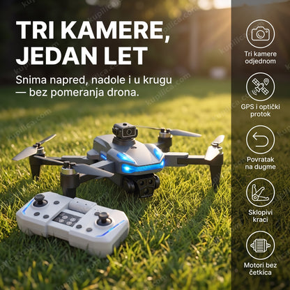sklopivi dron sa tri kamere i plavim svetlima u niskom letu iznad trave