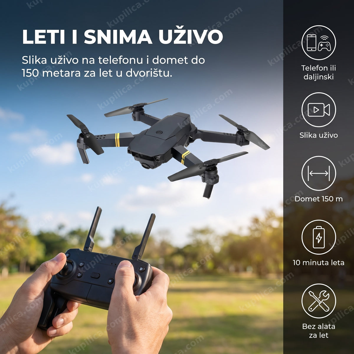 dron sa wifi kamerom — odrasla ruka upravlja dronom koji leti iznad dvorišta, benefiti proizvoda