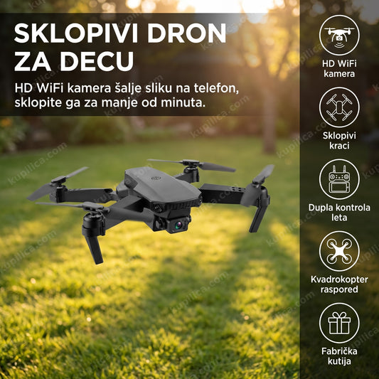 Crni sklopivi dron za decu sa HD kamerom u letu i benefiti proizvoda