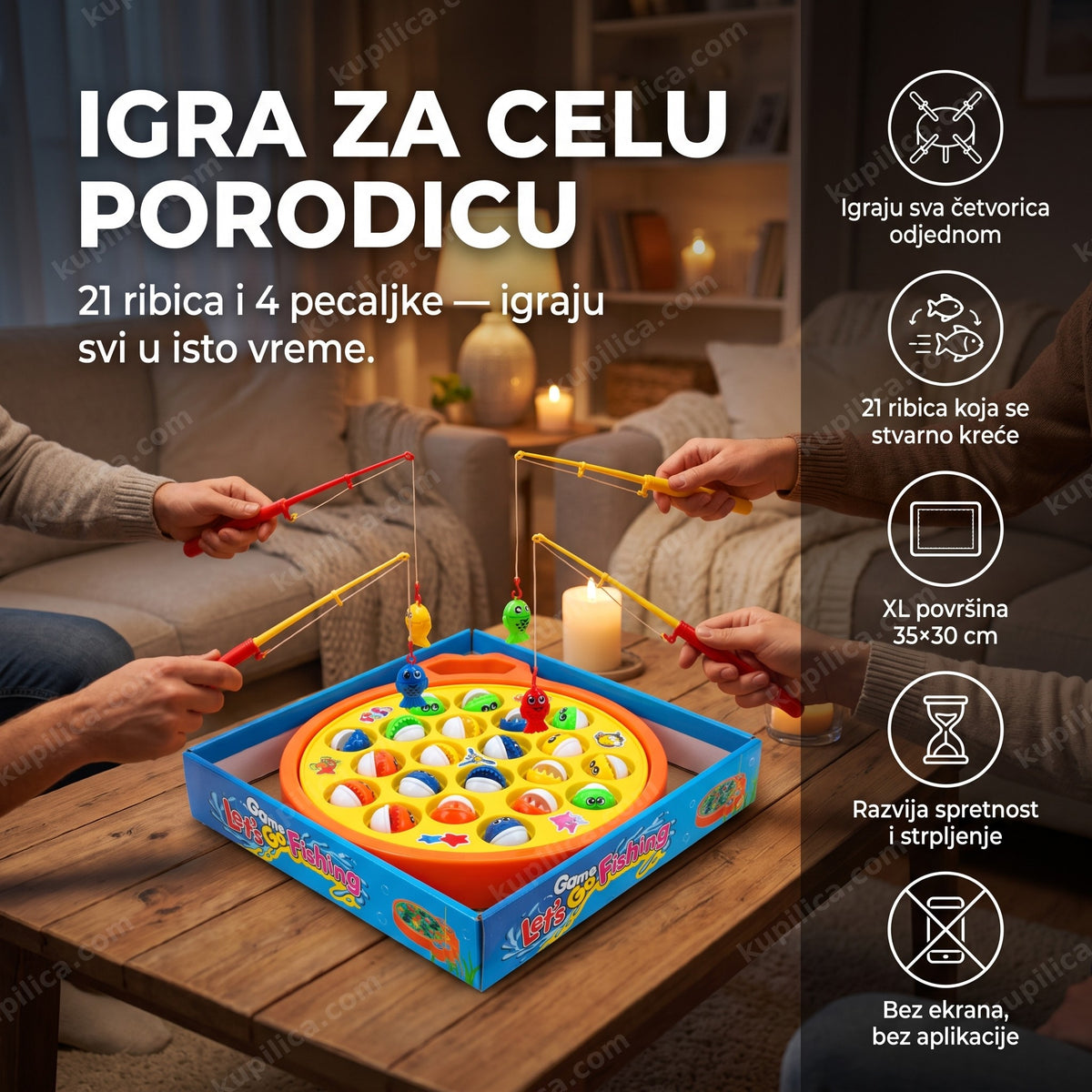 Društvena igra Pecanje XL na porodičnom stolu sa četiri pecaljke — benefiti proizvoda