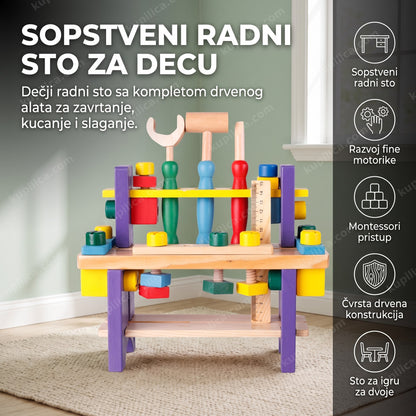 drvena radionica za decu sa alatom i šarenim drvenim delovima u dečjoj sobi