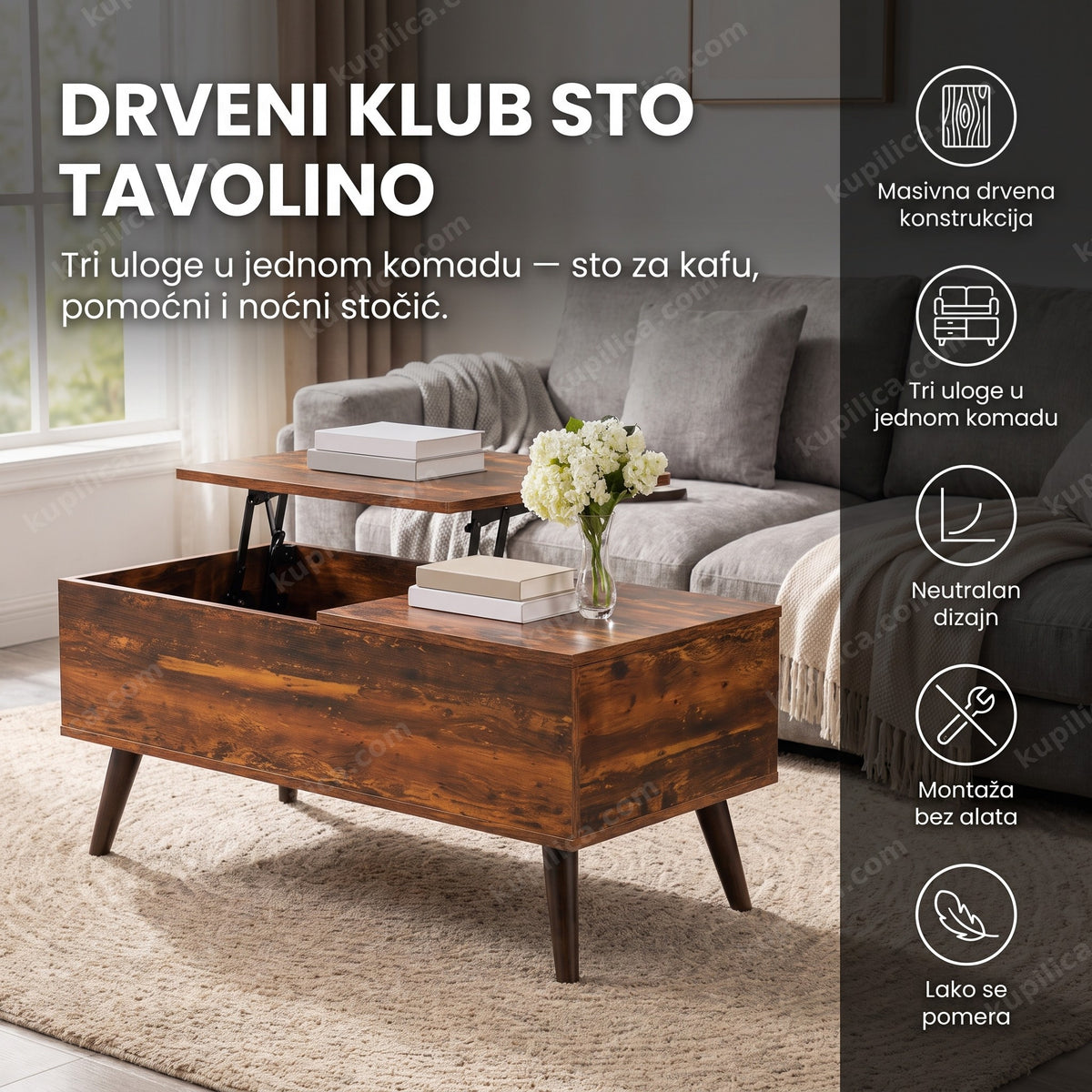 drveni klub sto tamne rustik teksture za dnevnu sobu, benefiti proizvoda