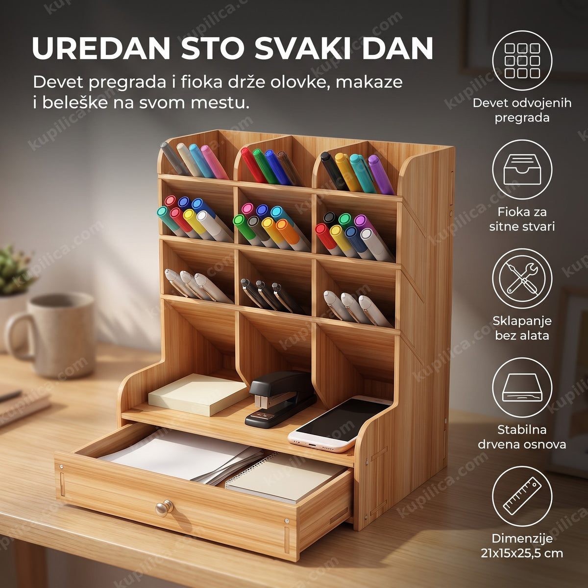 drveni organizator za radni sto sa devet pregrada i fiokom