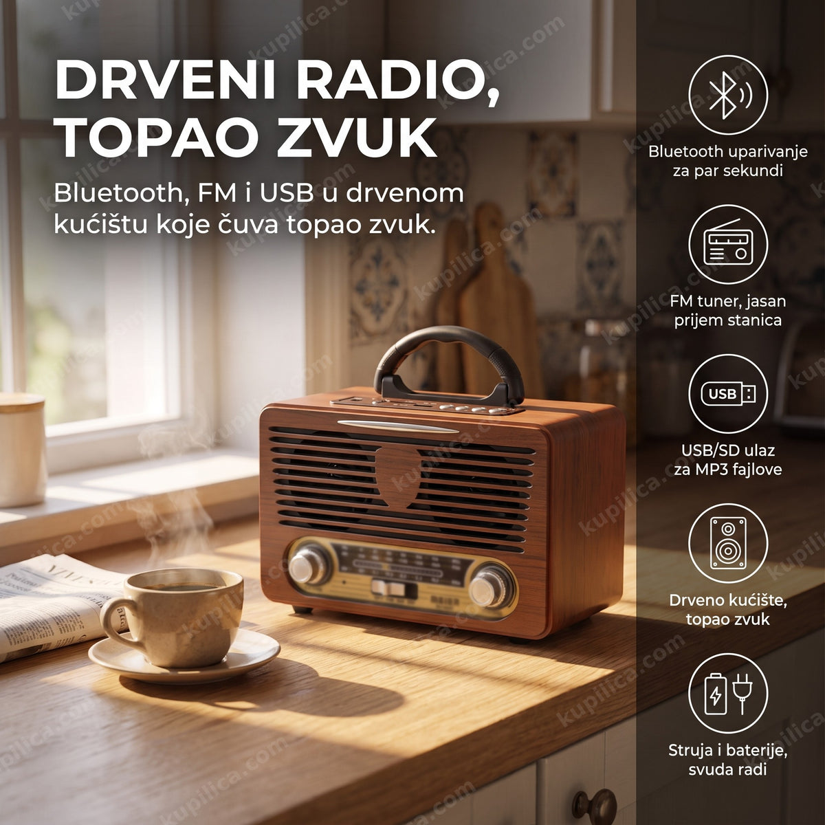drveni retro radio bluetooth na kuhinjskom pultu ujutru, benefiti proizvoda