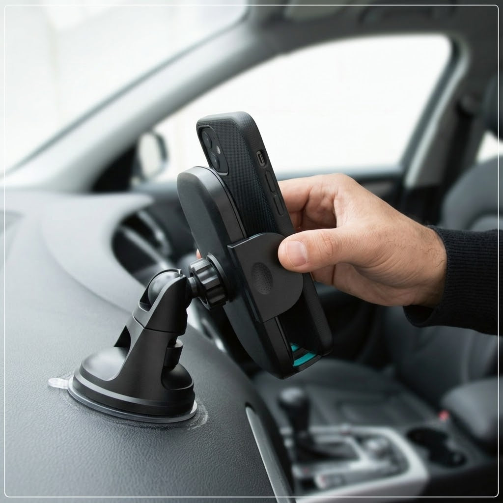 Držač telefona za automobil D004 — postavljen na instrument tablu, vozač ubacuje telefon jednom rukom