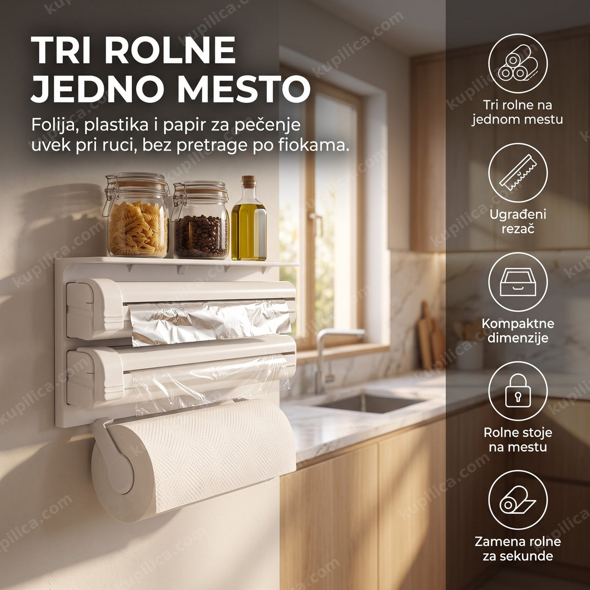 3u1 držač za foliju i papir za pečenje u kuhinji sa tri rolne, benefiti proizvoda