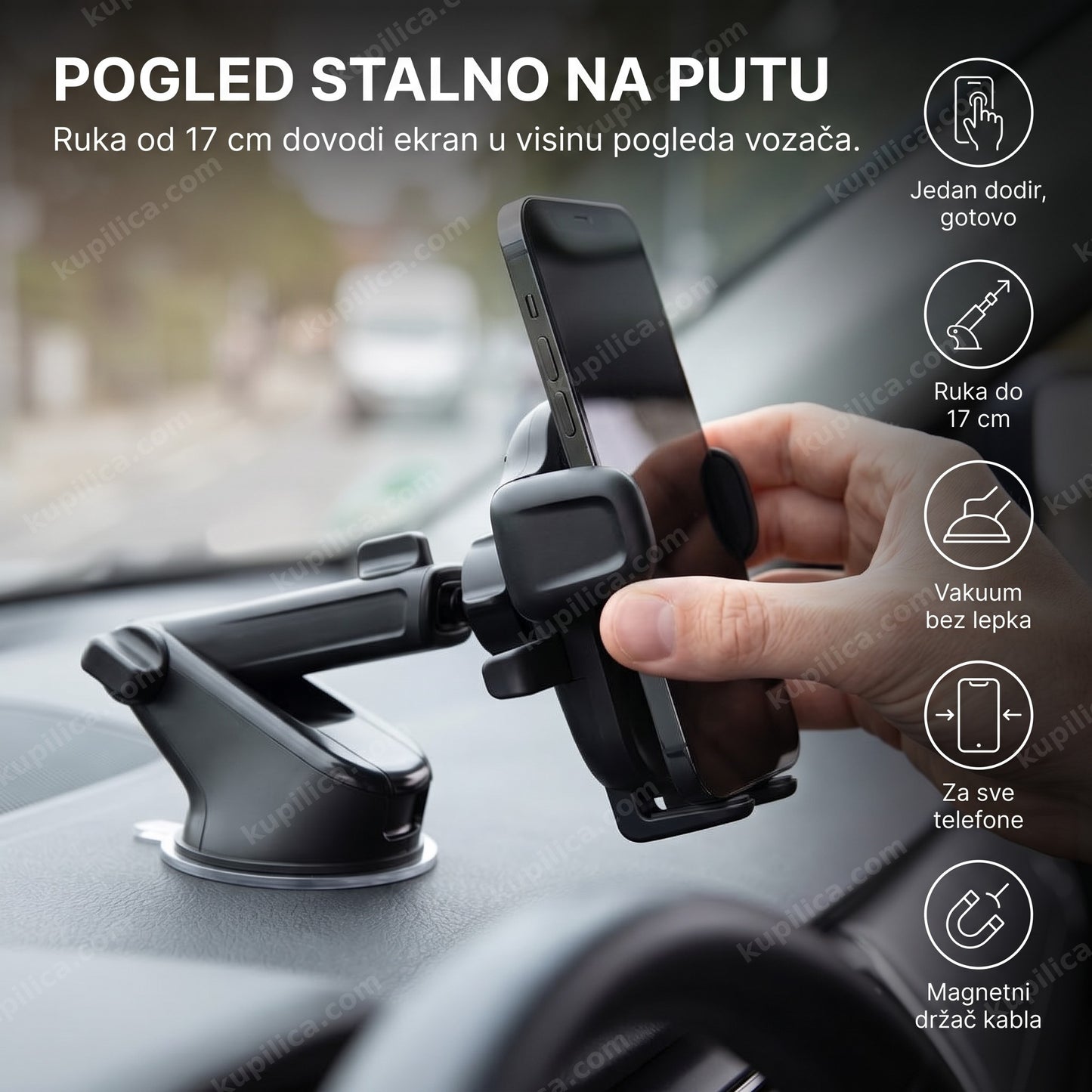 držač za telefon za auto — ruka montira telefon na tablu u kolima, jedan dodir za ubacivanje i teleskopska ruka do 17 cm