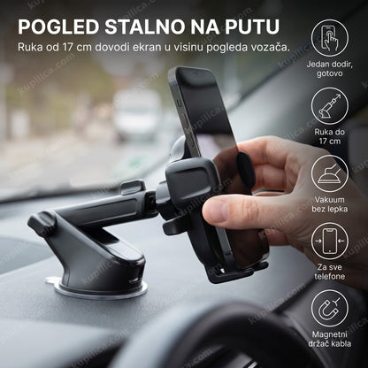držač za telefon za auto — ruka montira telefon na tablu u kolima, jedan dodir za ubacivanje i teleskopska ruka do 17 cm