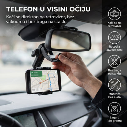držač za telefon za retrovizor — telefon okačen ispod retrovizora u visini pogleda, rotacija 360 stepeni