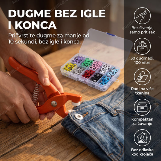 pričvršćivanje dugmadi bez šivenja alatom na farmerkama, benefiti proizvoda