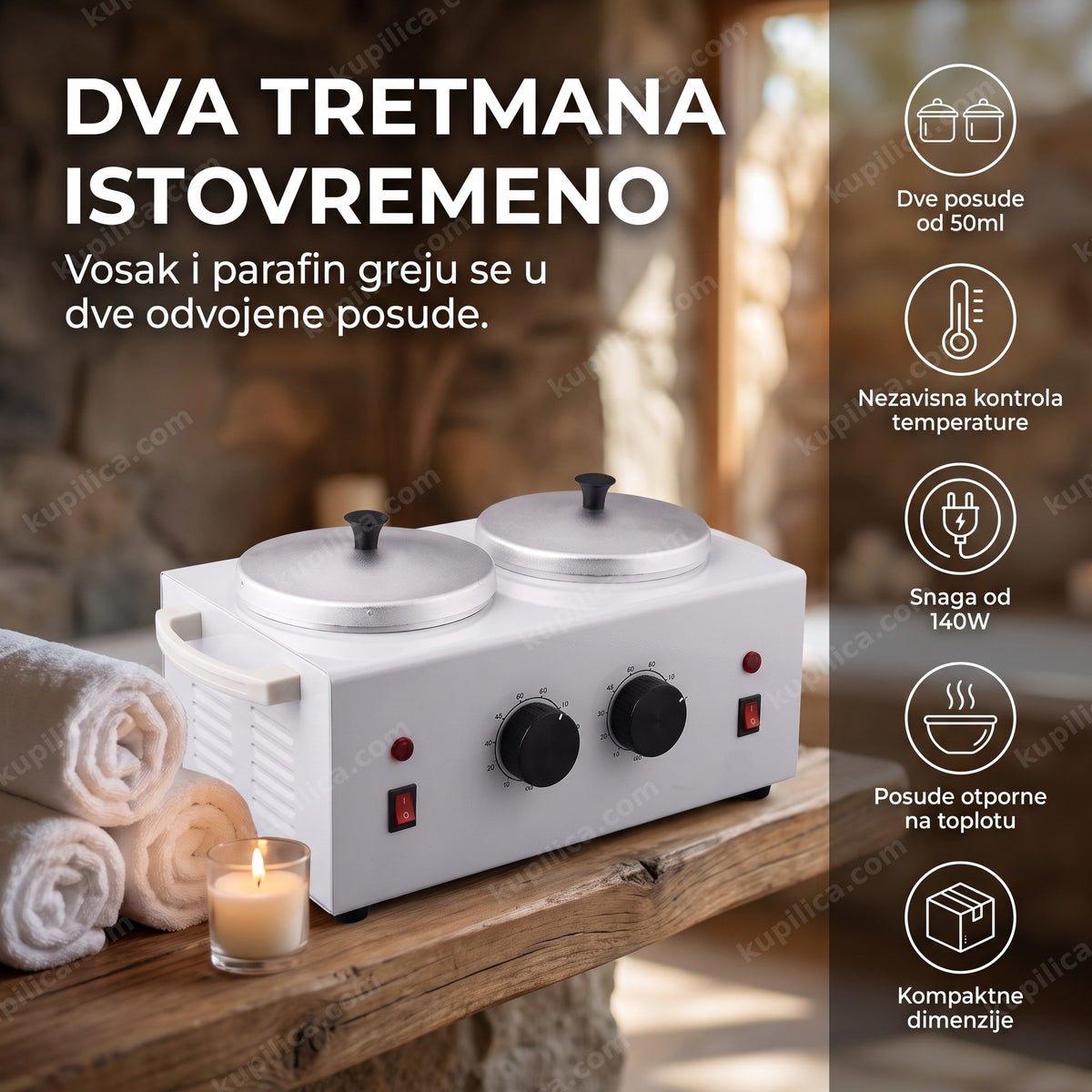 duo topilica za vosak i parafin u spa kutku pored peškira, prikaz benefiti proizvoda