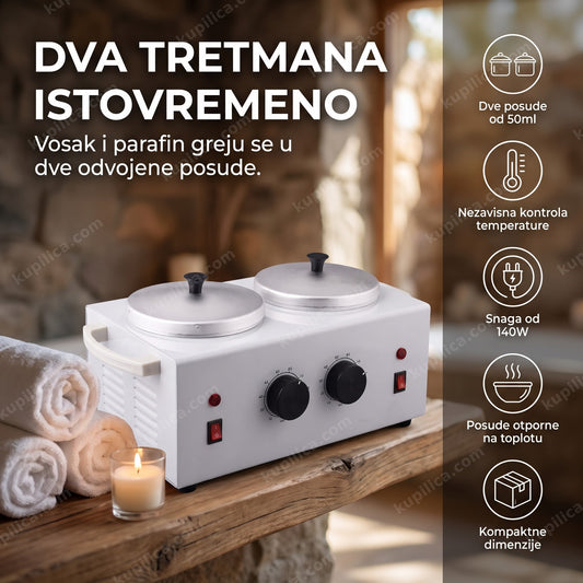 duo topilica za vosak i parafin u spa kutku pored peškira, prikaz benefiti proizvoda