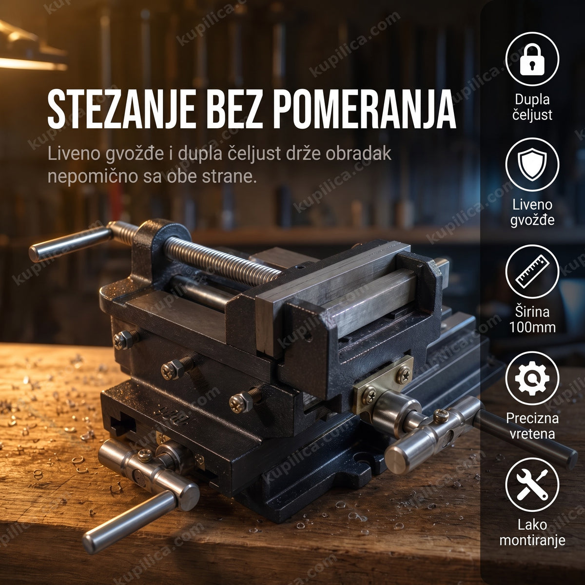 dupla mašinska stega 100mm na drvenom radnom stolu