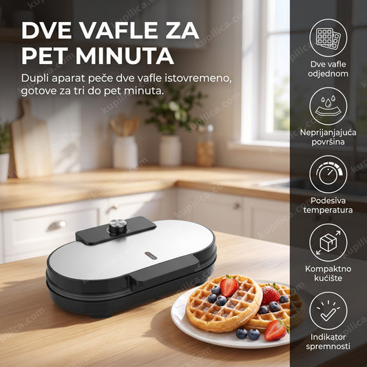 Dupli aparat za vafle sa dve rumene vafle na tanjiru, benefiti proizvoda