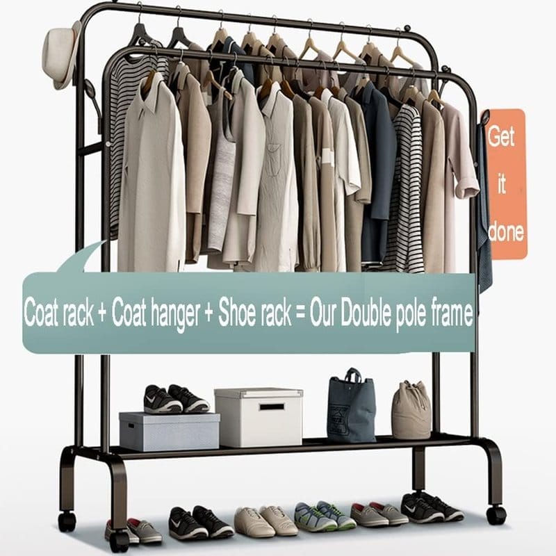 stalak sa natpisom coat rack + shoe rack i torbama i patikama na donjoj polici