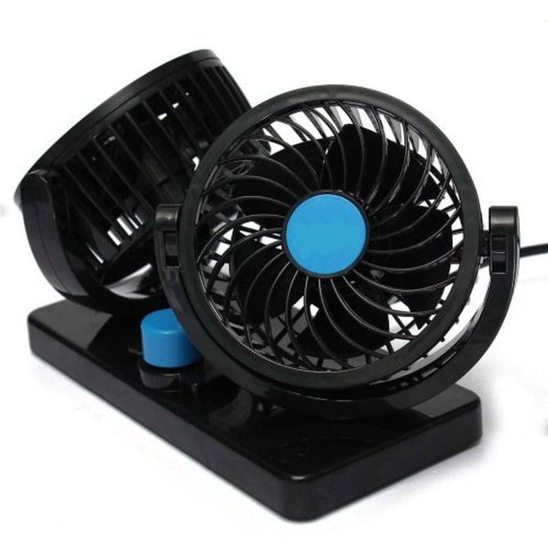 dupli ventilator za auto na crnoj postolju, bočni ugao na beloj pozadini