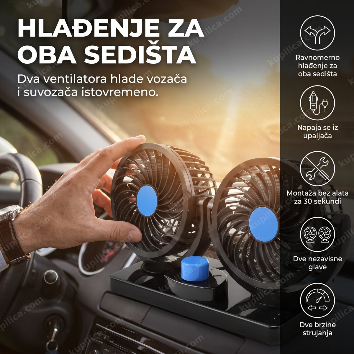 dupli ventilator za auto 12v montiran na tabli automobila, prikaz benefita proizvoda