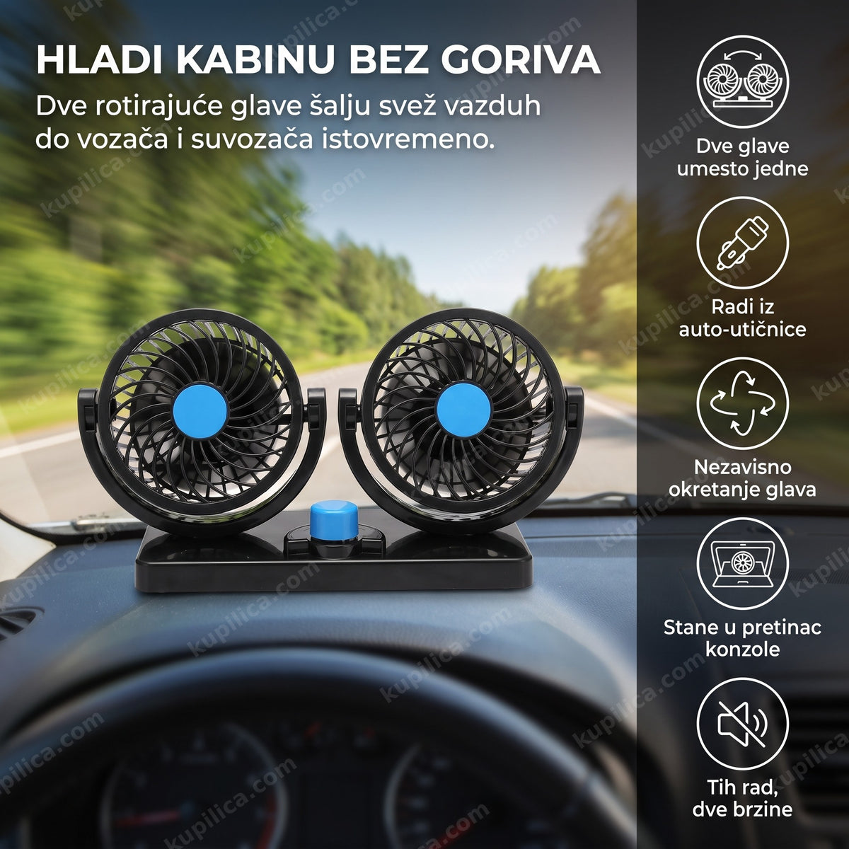 Dupli crno-plavi ventilator za auto na tabli ispred šoferšajbne, benefiti proizvoda