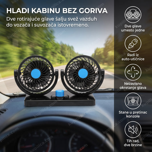 Dupli crno-plavi ventilator za auto na tabli ispred šoferšajbne, benefiti proizvoda