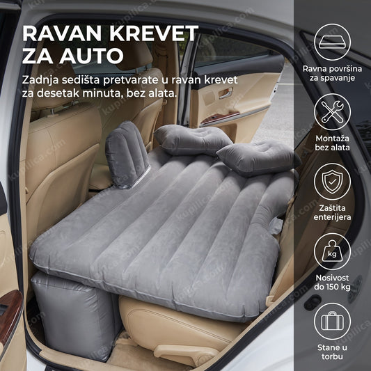 dušek na naduvavanje za auto na zadnjem sedištu sa prikazom benefita proizvoda