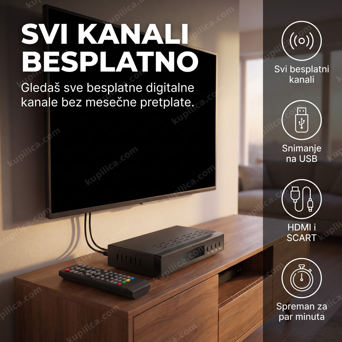 DVB-T2 risiver sa USB snimanjem — set top box pored televizora u dnevnoj sobi