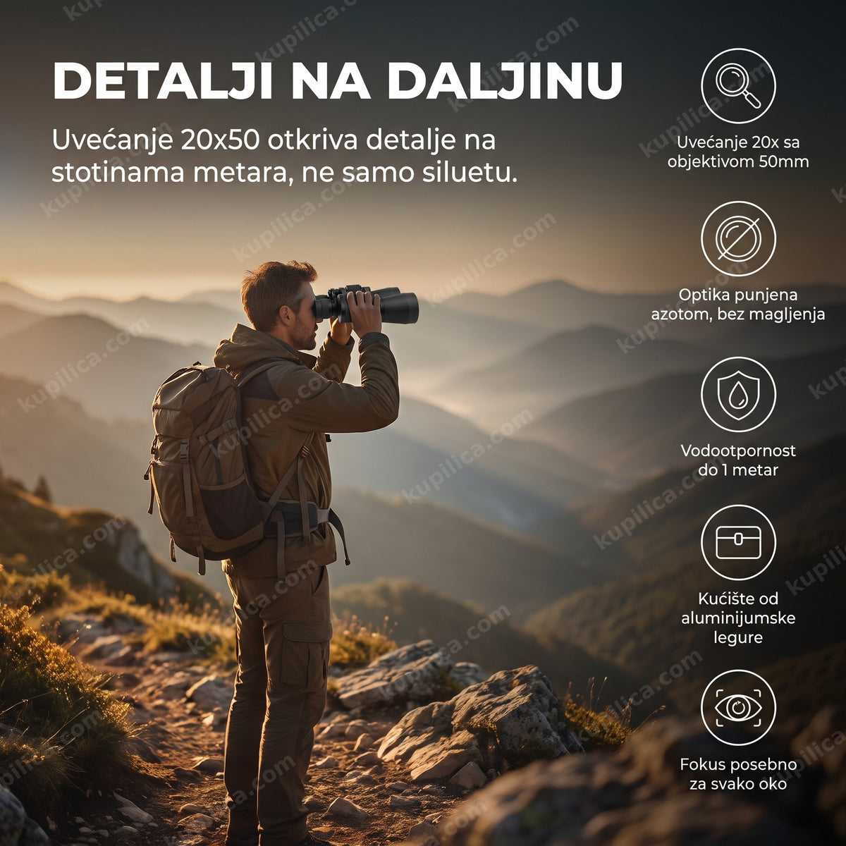 dvogled 20x50 u rukama planinara na vrhu planine, benefiti proizvoda