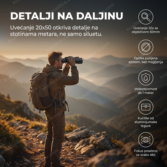 dvogled 20x50 u rukama planinara na vrhu planine, benefiti proizvoda