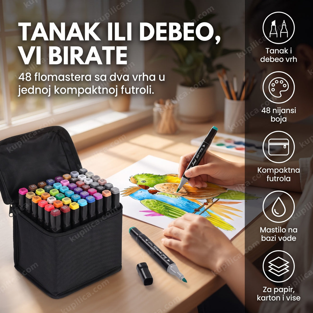 dvostrani flomasteri set 48 komada — crtanje ilustracije markerima sa tankim i debelim vrhom