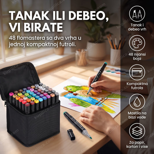 dvostrani flomasteri set 48 komada — crtanje ilustracije markerima sa tankim i debelim vrhom