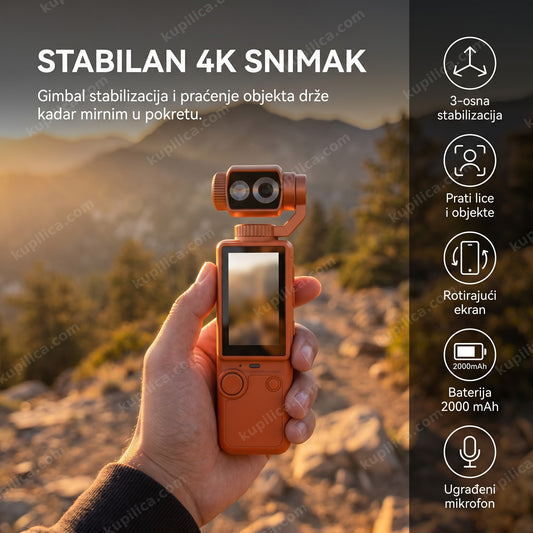 džepna kamera sa gimbal stabilizacijom u ruci na planinskoj stazi, benefiti proizvoda
