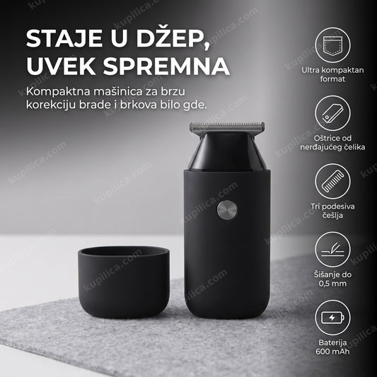 crna džepna mašinica za šišanje na sivoj filc podlozi