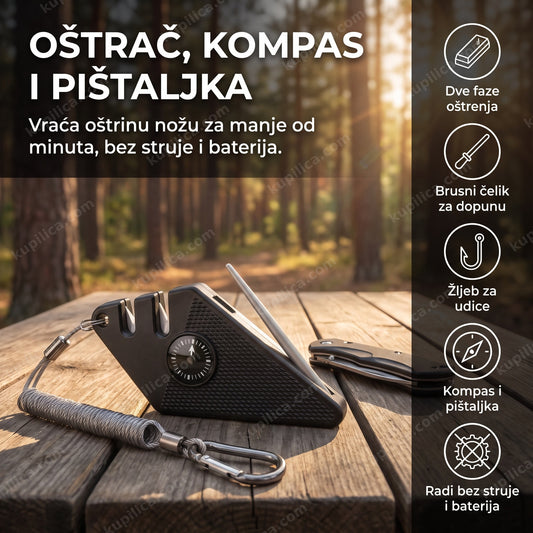 crni džepni oštrač za noževe sa kompasom i pištaljkom na drvenom stolu