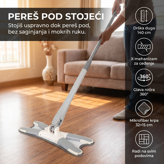 džoger za pranje podova - X-džoger sa mikrofiber krpom na parketu u dnevnoj sobi, benefiti proizvoda