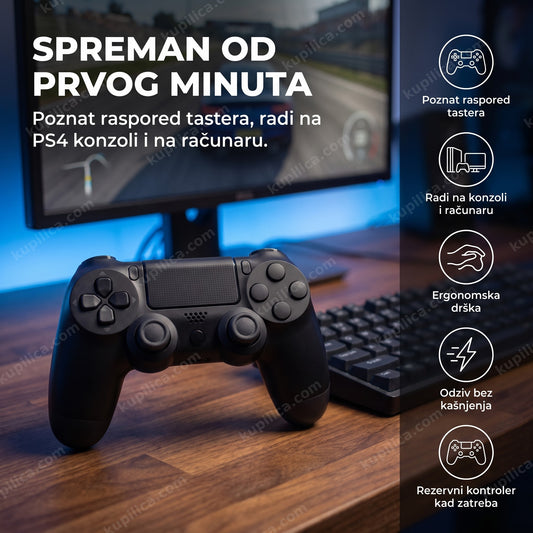 džojstik za ps4 i pc na stolu pored tastature i monitora, prikaz benefita proizvoda