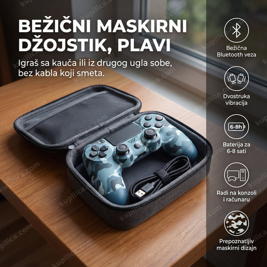 Plavi maskirni džojstik za ps4 u otvorenoj putnoj torbici sa kablom, benefiti proizvoda