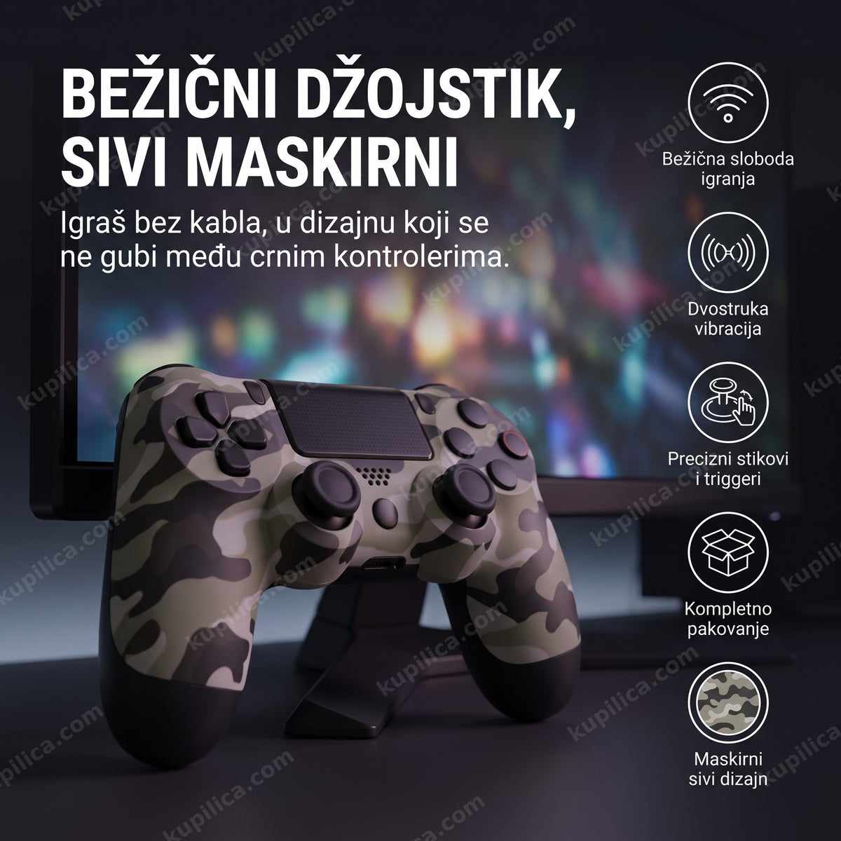 Sivi maskirni džojstik za ps4 naslonjen na postolje monitora, benefiti proizvoda