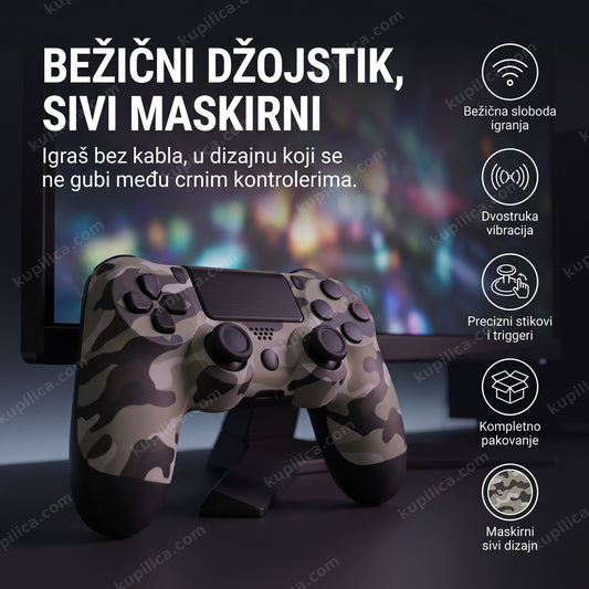 Sivi maskirni džojstik za ps4 naslonjen na postolje monitora, benefiti proizvoda