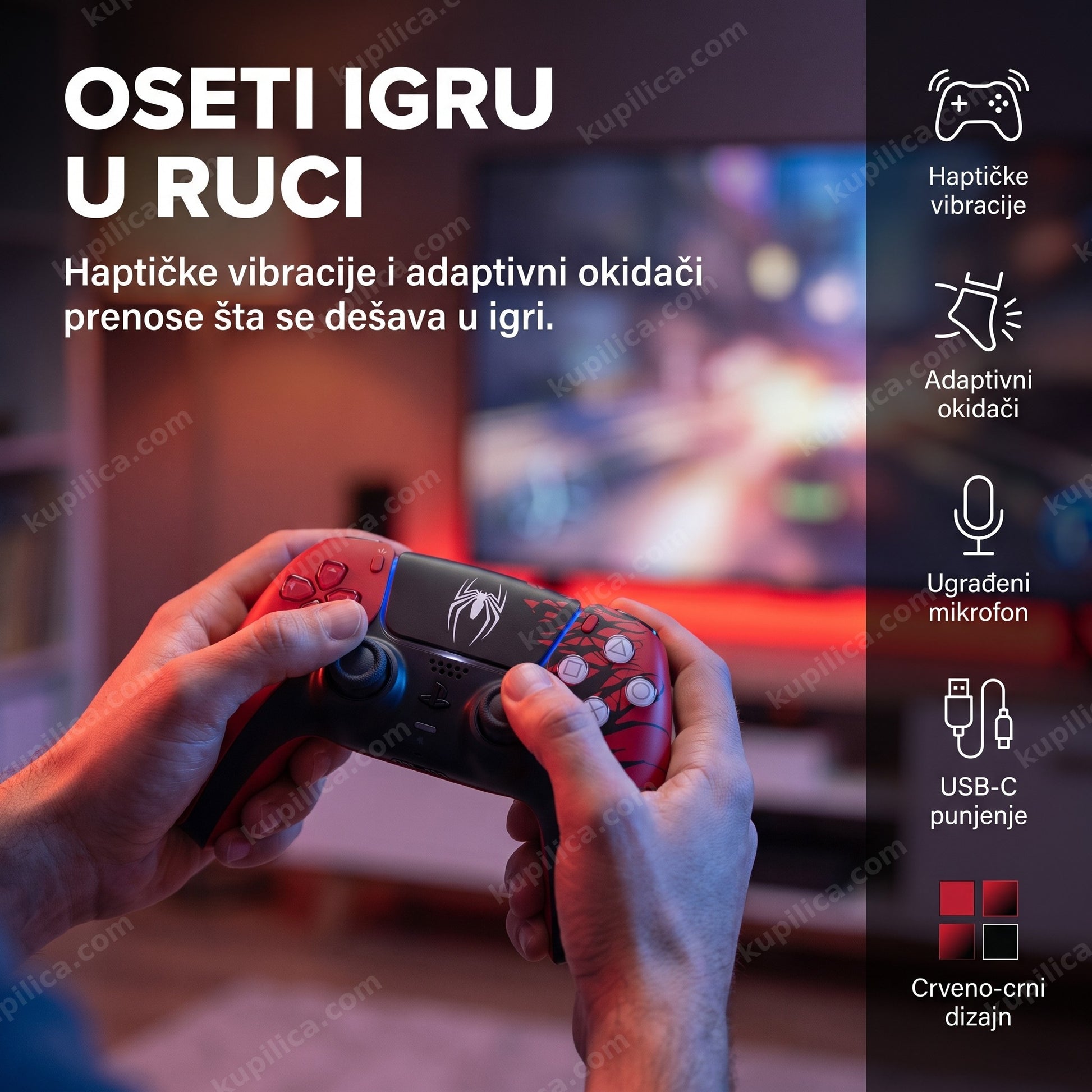 džojstik za ps5 — ruke drže crveno-crni bežični kontroler ispred televizora u dnevnoj sobi