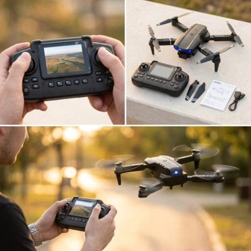 kolaž E99 max drona sa priborom, kontrolerom i muškarcem koji leti dronom u parku