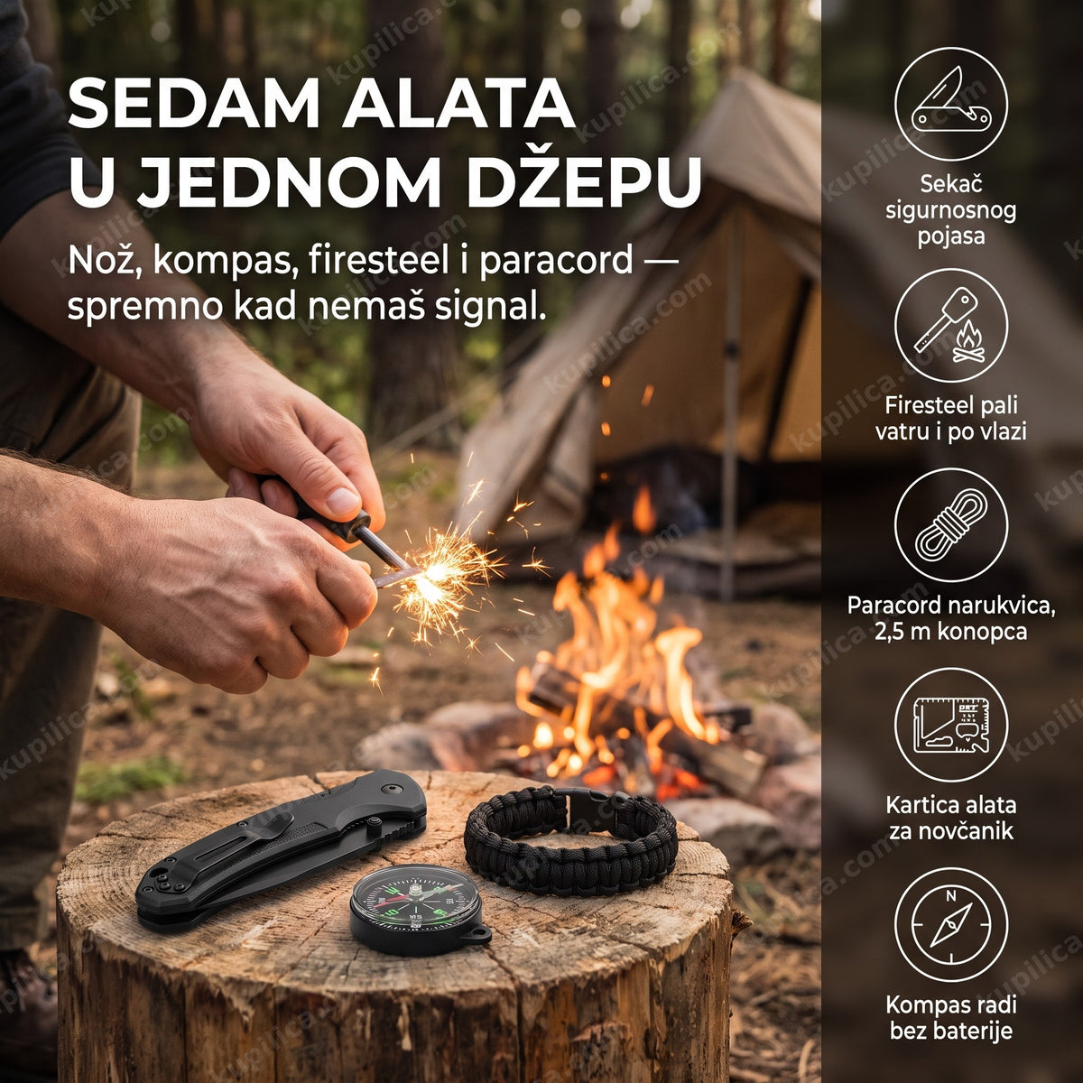 edc set za preživljavanje sa nožem, kompasom i paracordom na kamp panju, benefiti proizvoda