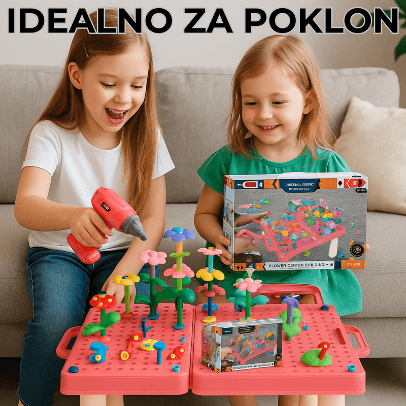 dve devojčice se igraju setom bašte sa bušilicom, jedna drži bušilicu u ruci