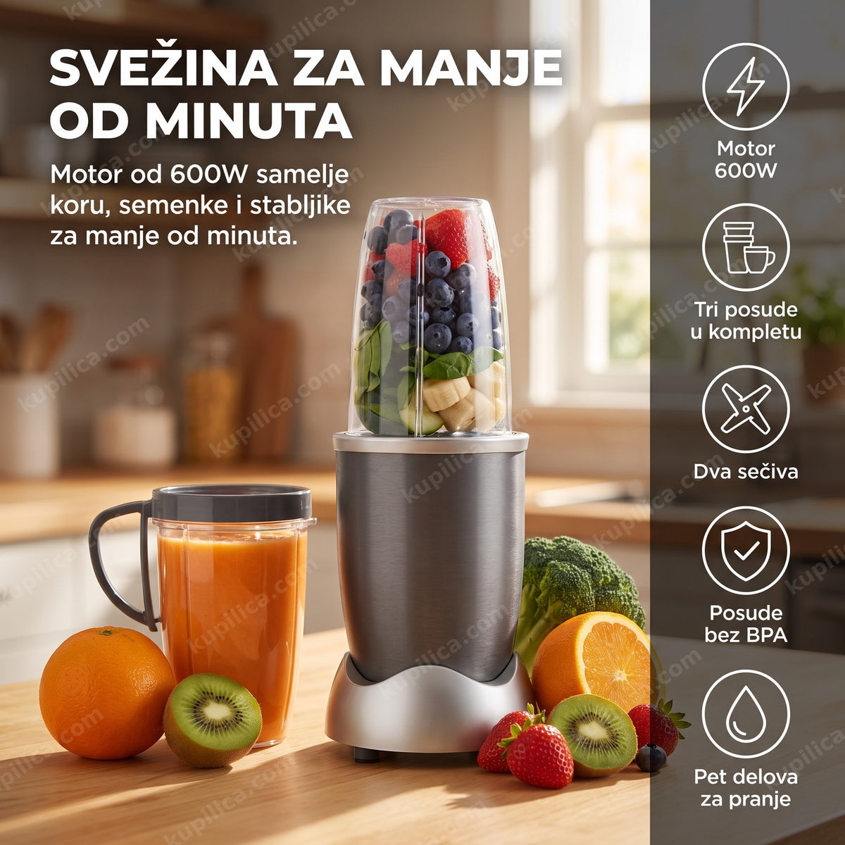 ekstraktor hranljivih materija sa svežim voćem i povrćem na kuhinjskom pultu, benefiti proizvoda