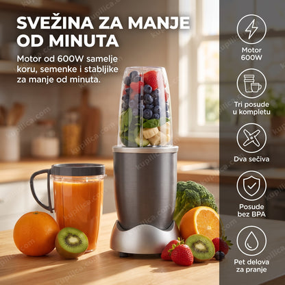 ekstraktor hranljivih materija sa svežim voćem i povrćem na kuhinjskom pultu, benefiti proizvoda