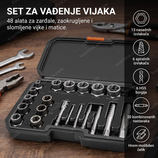 otvorena kutija ekstraktora za vijke sa nasadnim izvlakačima i burgijama