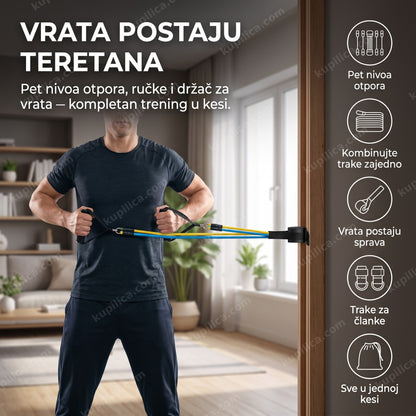 elastične trake za vežbanje — trening kod kuće sa trakom zakačenom za vrata, pet nivoa otpora