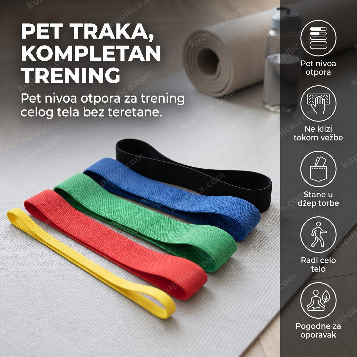 pet elastičnih traka za vežbanje različitih boja na podu teretane