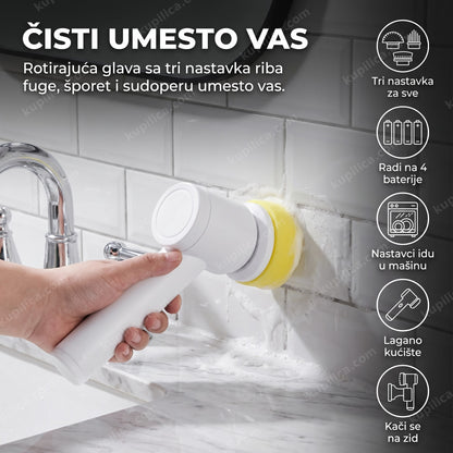električna četka za čišćenje — ribanje fuga na pločicama rotirajućom četkom u kupatilu